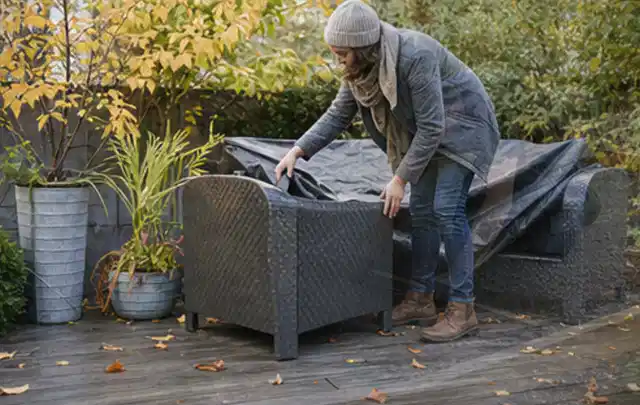 Person deckt Gartenmöbel vor der kalten Jahreszeit sorgfältig ab; Thema Outdoor Küchen, Schwerpunkt Leistung; Ausgangslage.