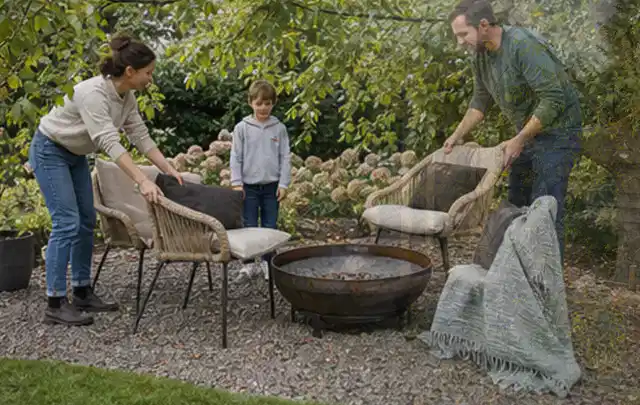 Familie stellt wetterfeste Sessel an einem geschützten Sitzplatz im Garten auf; Thema Outdoor Küchen, Schwerpunkt Leistung; Praxisalltag.