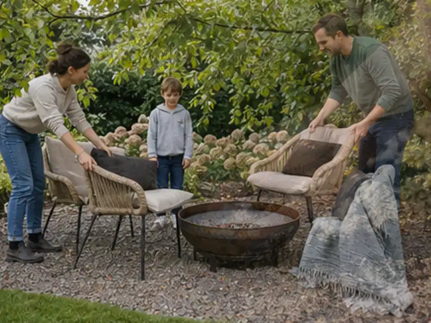 Familie stellt wetterfeste Sessel an einem geschützten Sitzplatz im Garten auf; Thema Outdoor Küchen, Schwerpunkt Nachhaltigkeit; Titelbild.