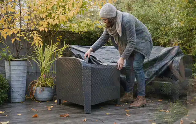 Person deckt Gartenmöbel vor der kalten Jahreszeit sorgfältig ab; Thema Outdoor Küchen, Schwerpunkt Reinigung; Ausgangslage.