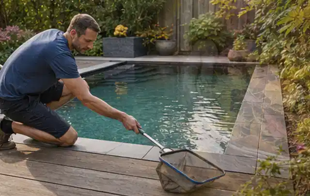 Person entfernt Blätter mit einem Kescher aus einem kleinen Gartenpool; Thema Outdoor Küchen, Schwerpunkt Reinigung; Kontrolle.