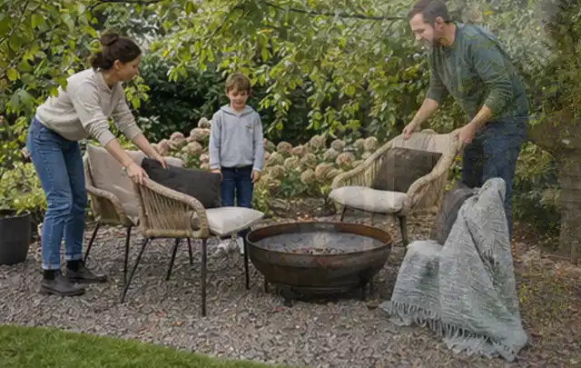 Familie stellt wetterfeste Sessel an einem geschützten Sitzplatz im Garten auf; Thema Outdoor Küchen, Schwerpunkt Reparatur; Kontrolle.
