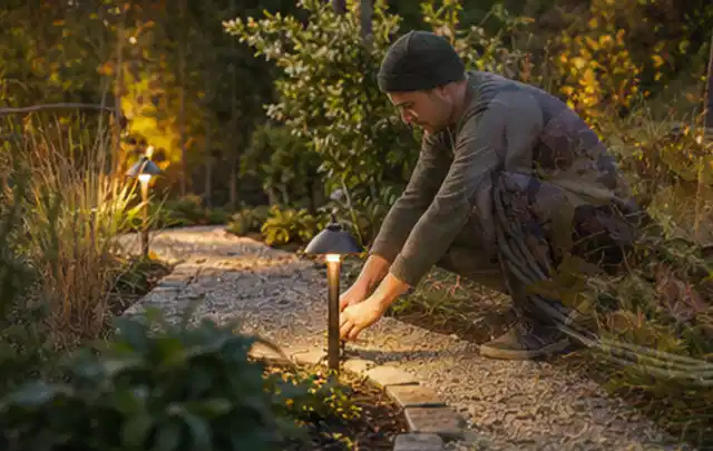 Person richtet eine niedrige warm leuchtende Gartenlampe am Kiesweg aus; Thema Outdoor Küchen, Schwerpunkt Reparatur; Praxisalltag.