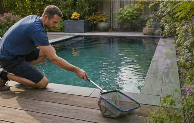 Person entfernt Blätter mit einem Kescher aus einem kleinen Gartenpool; Thema Outdoor Küchen, Schwerpunkt Sicherheit; Ergebnis.