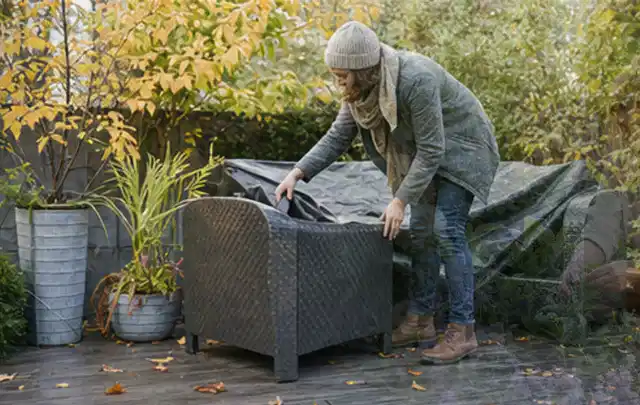 Person deckt Gartenmöbel vor der kalten Jahreszeit sorgfältig ab; Thema Outdoor Küchen, Schwerpunkt Sicherheit; Praxisalltag.
