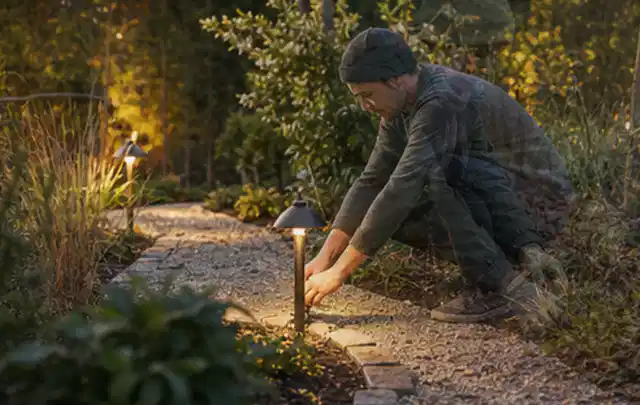 Person richtet eine niedrige warm leuchtende Gartenlampe am Kiesweg aus; Thema Outdoor Küchen, Schwerpunkt Systemvergleich; Kontrolle.
