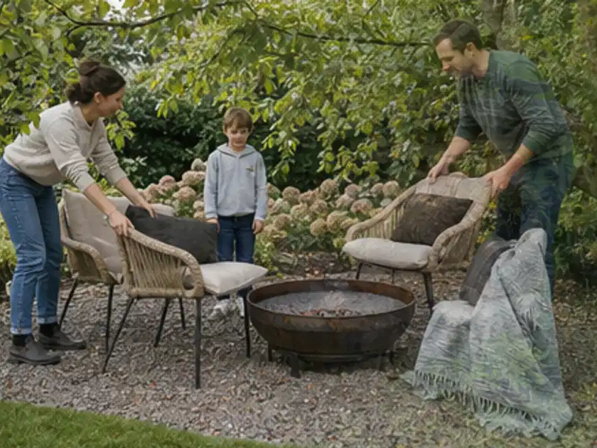 Familie stellt wetterfeste Sessel an einem geschützten Sitzplatz im Garten auf; Thema Outdoor Küchen, Schwerpunkt Testkriterien; Titelbild.