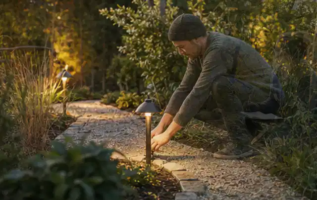 Person richtet eine niedrige warm leuchtende Gartenlampe am Kiesweg aus; Thema Outdoor Küchen, Schwerpunkt Testkriterien; Umsetzung.