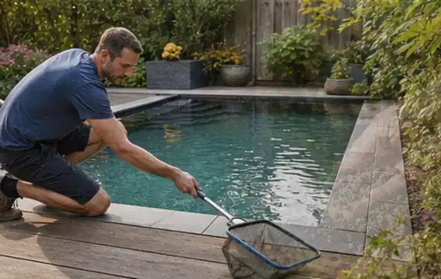 Person entfernt Blätter mit einem Kescher aus einem kleinen Gartenpool; Thema Outdoor Küchen, Schwerpunkt Testkriterien; Ergebnis.