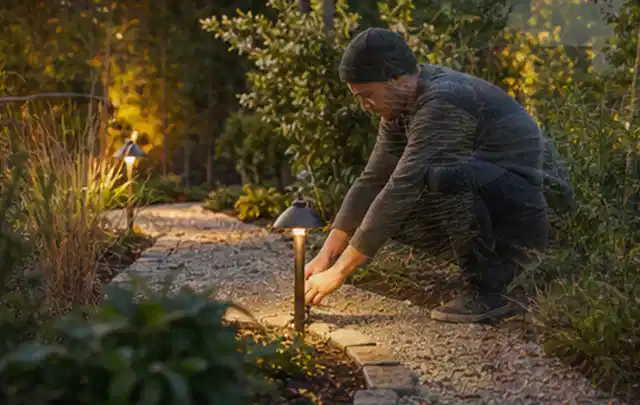 Person richtet eine niedrige warm leuchtende Gartenlampe am Kiesweg aus; Thema Outdoor Küchen, Schwerpunkt Vergleich; Kontrolle.