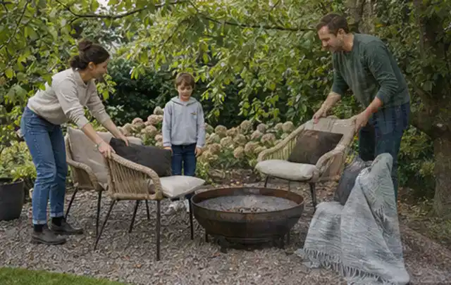 Familie stellt wetterfeste Sessel an einem geschützten Sitzplatz im Garten auf; Thema Outdoor Küchen, Schwerpunkt Vergleich; Ergebnis.