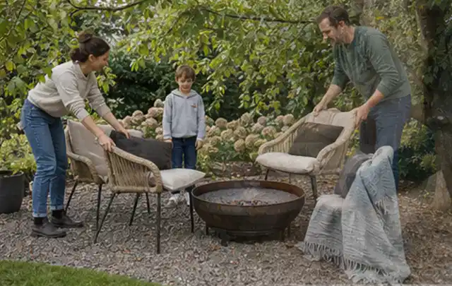 Familie stellt wetterfeste Sessel an einem geschützten Sitzplatz im Garten auf; Thema Outdoor Küchen, Schwerpunkt Wartung; Kontrolle.