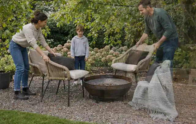 Familie stellt wetterfeste Sessel an einem geschützten Sitzplatz im Garten auf; Thema Outdoor Freizeit, Schwerpunkt Themenwelt; Umsetzung.