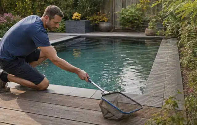 Person entfernt Blätter mit einem Kescher aus einem kleinen Gartenpool; Thema Outdoor Freizeit, Schwerpunkt Themenwelt; Kontrolle.
