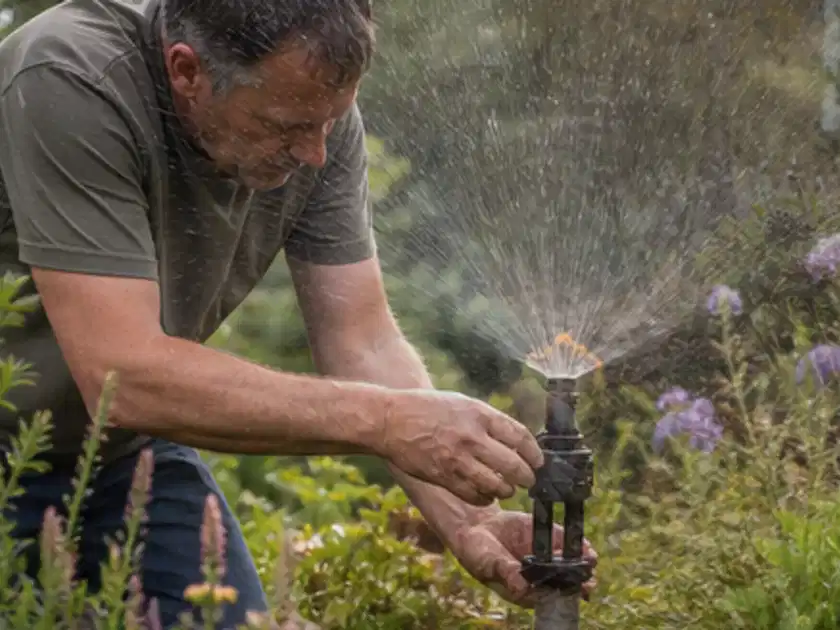 Person richtet einen laufenden Gartensprenger zwischen Stauden präzise aus; Thema Palmen, Schwerpunkt Bewässerung; Titelbild.