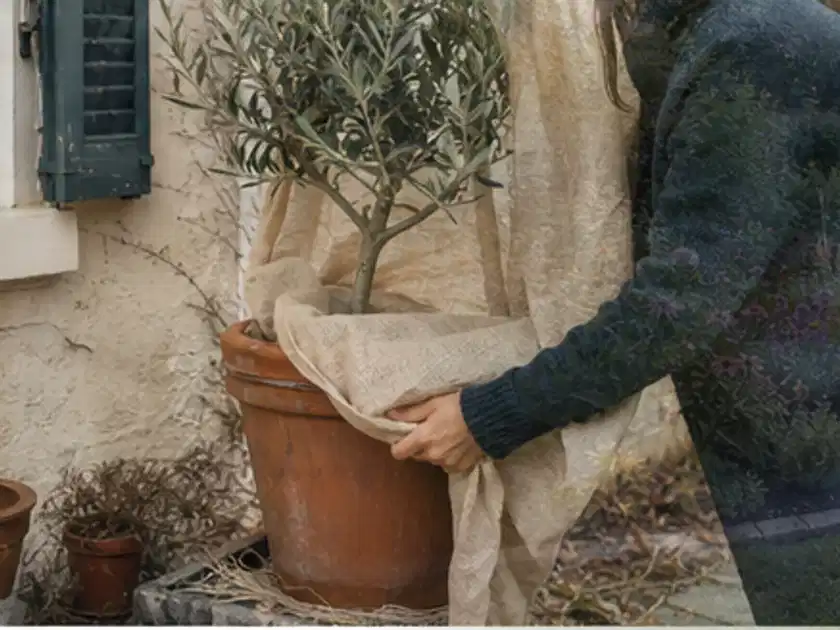 Person umhüllt eine mediterrane Kübelpflanze mit atmungsaktivem Winterschutz; Thema Palmen, Schwerpunkt Boden; Titelbild.