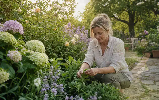 Person pflegt üppige Pflanzen in einem natürlich beleuchteten Garten; Thema Palmen, Schwerpunkt Boden; Ausgangslage.