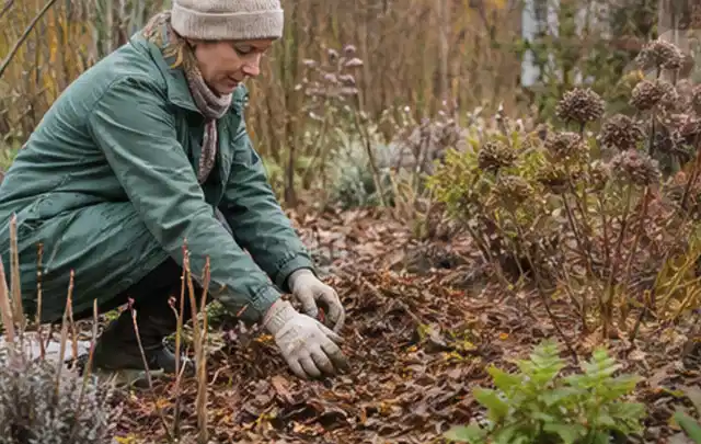 Person verteilt eine schützende Mulchschicht zwischen winterlichen Stauden; Thema Palmen, Schwerpunkt Düngung; Ergebnis.
