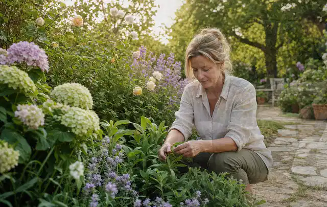 Person pflegt üppige Pflanzen in einem natürlich beleuchteten Garten; Thema Palmen, Schwerpunkt Einsteigerwissen; Umsetzung.
