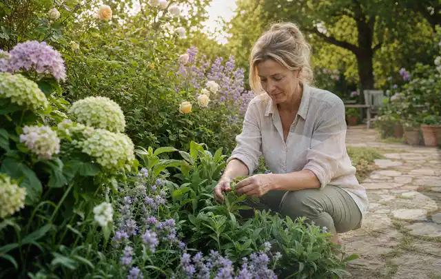 Person pflegt üppige Pflanzen in einem natürlich beleuchteten Garten; Thema Palmen, Schwerpunkt Gartenpraxis; Praxisalltag.