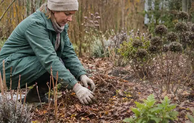 Person verteilt eine schützende Mulchschicht zwischen winterlichen Stauden; Thema Palmen, Schwerpunkt Jahrespflege; Kontrolle.
