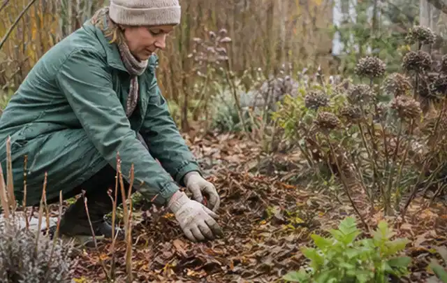 Person verteilt eine schützende Mulchschicht zwischen winterlichen Stauden; Thema Palmen, Schwerpunkt Kaufberatung; Kontrolle.