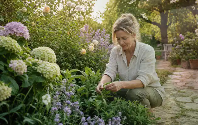 Person pflegt üppige Pflanzen in einem natürlich beleuchteten Garten; Thema Palmen, Schwerpunkt Kaufberatung; Praxisalltag.