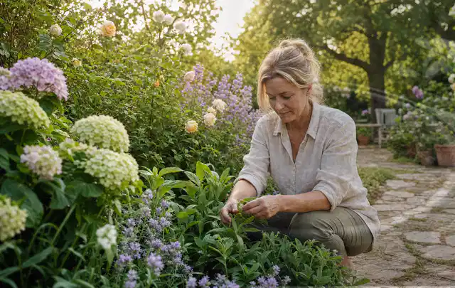 Person pflegt üppige Pflanzen in einem natürlich beleuchteten Garten; Thema Palmen, Schwerpunkt Pflanzenschutz; Ausgangslage.