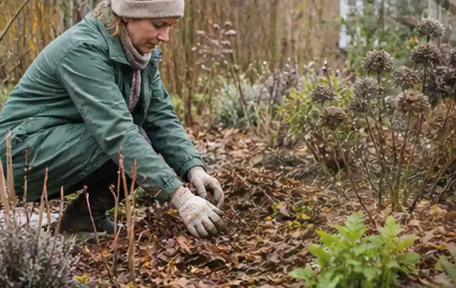 Person verteilt eine schützende Mulchschicht zwischen winterlichen Stauden; Thema Palmen, Schwerpunkt Pflanzpartner; Umsetzung.