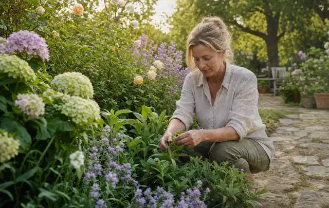 Person pflegt üppige Pflanzen in einem natürlich beleuchteten Garten; Thema Palmen, Schwerpunkt Pflanzpartner; Kontrolle.