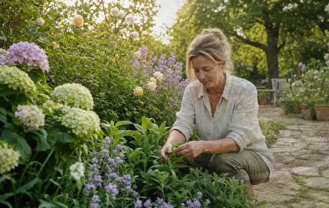 Person pflegt üppige Pflanzen in einem natürlich beleuchteten Garten; Thema Palmen, Schwerpunkt Rückschnitt; Umsetzung.