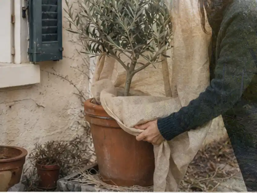 Person umhüllt eine mediterrane Kübelpflanze mit atmungsaktivem Winterschutz; Thema Palmen, Schwerpunkt Sortenwahl; Titelbild.