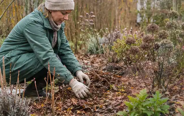Person verteilt eine schützende Mulchschicht zwischen winterlichen Stauden; Thema Palmen, Schwerpunkt Sortenwahl; Kontrolle.
