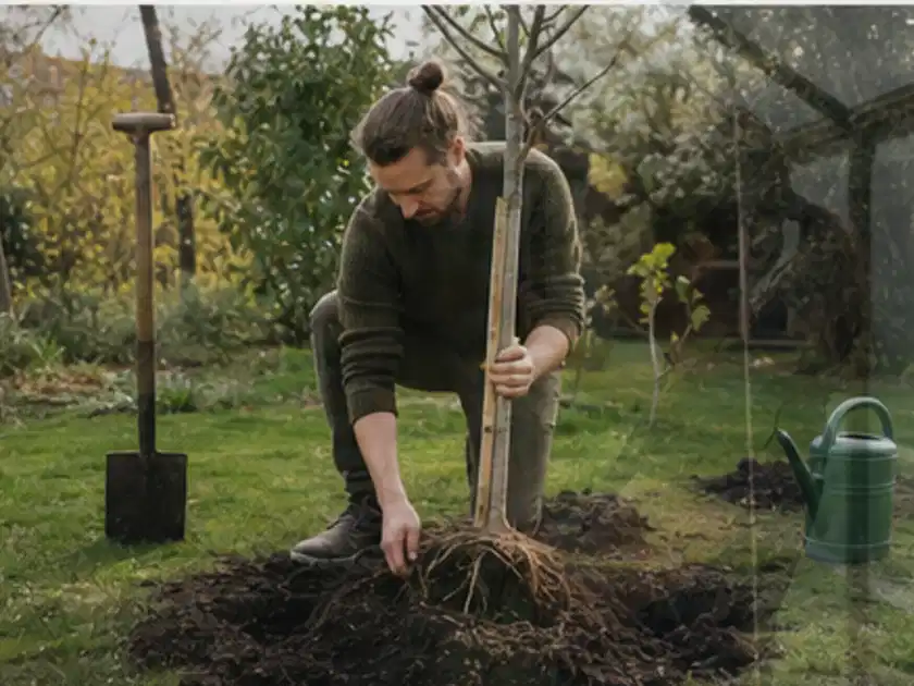 Person setzt einen jungen Zierbaum in ein vorbereitetes Pflanzloch im Garten; Thema Palmen, Schwerpunkt Standort; Titelbild.