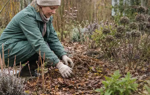 Person verteilt eine schützende Mulchschicht zwischen winterlichen Stauden; Thema Palmen, Schwerpunkt Standort; Ergebnis.