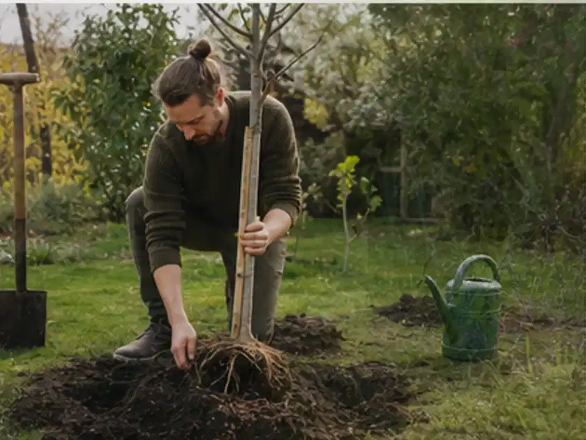 Person setzt einen jungen Zierbaum in ein vorbereitetes Pflanzloch im Garten; Thema Palmen, Schwerpunkt Topfkultur; Titelbild.