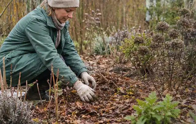 Person verteilt eine schützende Mulchschicht zwischen winterlichen Stauden; Thema Palmen, Schwerpunkt Topfkultur; Ergebnis.