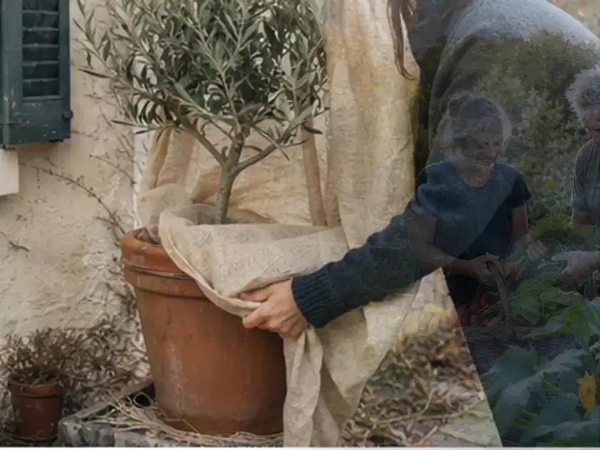 Person umhüllt eine mediterrane Kübelpflanze mit atmungsaktivem Winterschutz; Thema Palmen, Schwerpunkt Winterpflege; Titelbild.