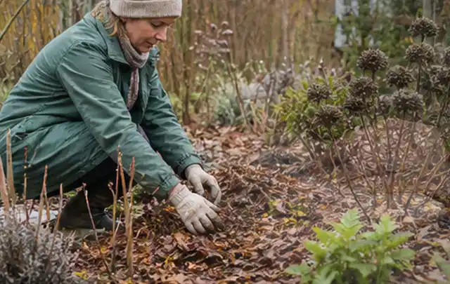 Person verteilt eine schützende Mulchschicht zwischen winterlichen Stauden; Thema Palmen, Schwerpunkt Winterpflege; Praxisalltag.