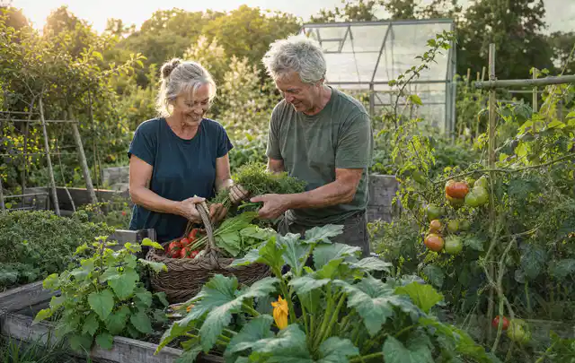 Zwei Personen ernten gemeinsam Gemüse in einem sonnigen Nutzgarten; Thema Paprika, Schwerpunkt Anbau; Ergebnis.
