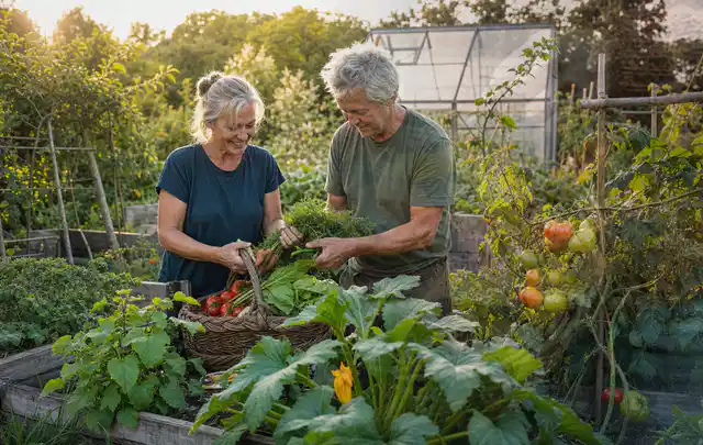 Zwei Personen ernten gemeinsam Gemüse in einem sonnigen Nutzgarten; Thema Paprika, Schwerpunkt Balkongarten; Kontrolle.