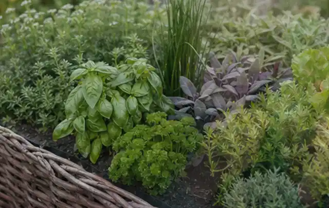 Dichtes Hochbeet mit Basilikum Schnittlauch Petersilie Salbei und weiteren Küchenkräutern; Thema Paprika, Schwerpunkt Balkongarten; Ergebnis.