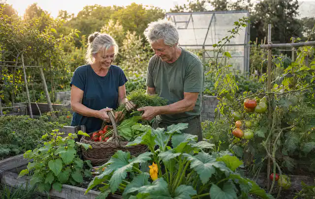 Zwei Personen ernten gemeinsam Gemüse in einem sonnigen Nutzgarten; Thema Paprika, Schwerpunkt Bewässerung; Umsetzung.