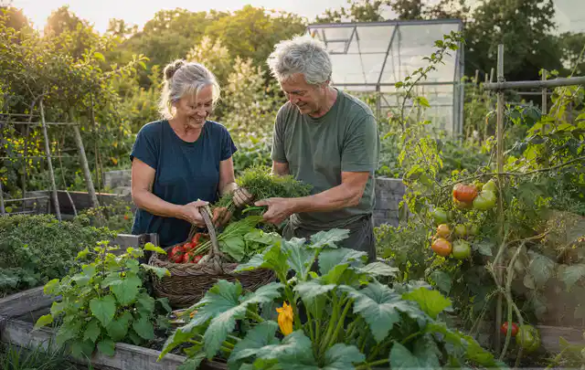 Zwei Personen ernten gemeinsam Gemüse in einem sonnigen Nutzgarten; Thema Paprika, Schwerpunkt Gemüse; Ergebnis.