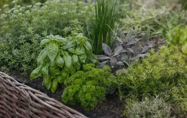 Dichtes Hochbeet mit Basilikum Schnittlauch Petersilie Salbei und weiteren Küchenkräutern; Thema Paprika, Schwerpunkt Gesundheit; Kontrolle.