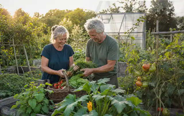 Zwei Personen ernten gemeinsam Gemüse in einem sonnigen Nutzgarten; Thema Paprika, Schwerpunkt Gesundheit; Praxisalltag.