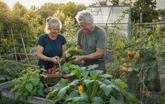 Zwei Personen ernten gemeinsam Gemüse in einem sonnigen Nutzgarten; Thema Paprika, Schwerpunkt Gewächshaus; Umsetzung.
