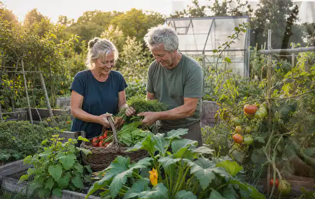 Zwei Personen ernten gemeinsam Gemüse in einem sonnigen Nutzgarten; Thema Paprika, Schwerpunkt Pflanzung; Umsetzung.