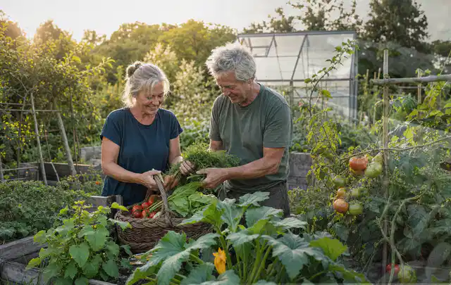 Zwei Personen ernten gemeinsam Gemüse in einem sonnigen Nutzgarten; Thema Paprika, Schwerpunkt Saisonkalender; Kontrolle.