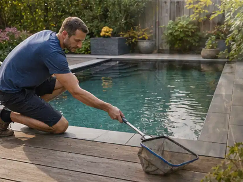 Person entfernt Blätter mit einem Kescher aus einem kleinen Gartenpool; Thema Pelletgrills, Schwerpunkt Bestenliste; Titelbild.